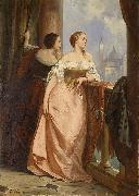 Edouard Hamman Zwei Damen am Balkon, im Hintergrund San Giorgio Maggiore, Venedig Spain oil painting artist